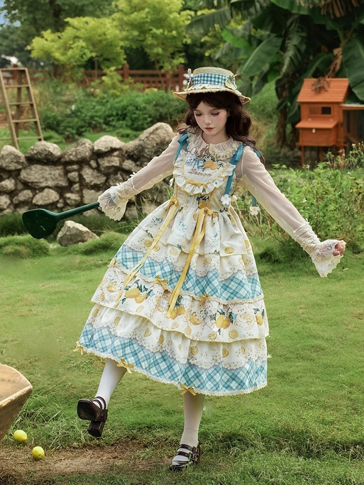 Blue & Yellow Lemon and Rabbit Print Country Lolita Dress with Plaid Pattern and Ruffled Layers