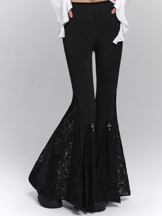 Gothic Black Cross Design Lace Flared Pants