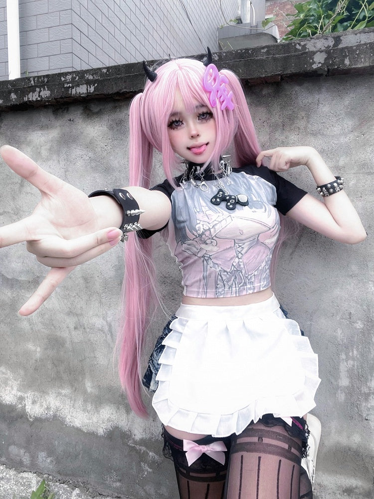 Black Cartoon Girl Print Graphic T-shirt