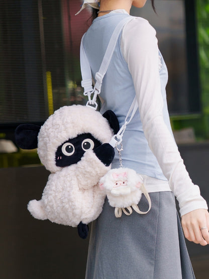 Cute Little Lamb White&Black Plush Backpack/Crossbody Bag + Keychain