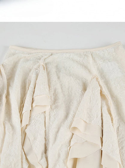 White Contrast Lace Patches Asymmetrical Hem Skirt