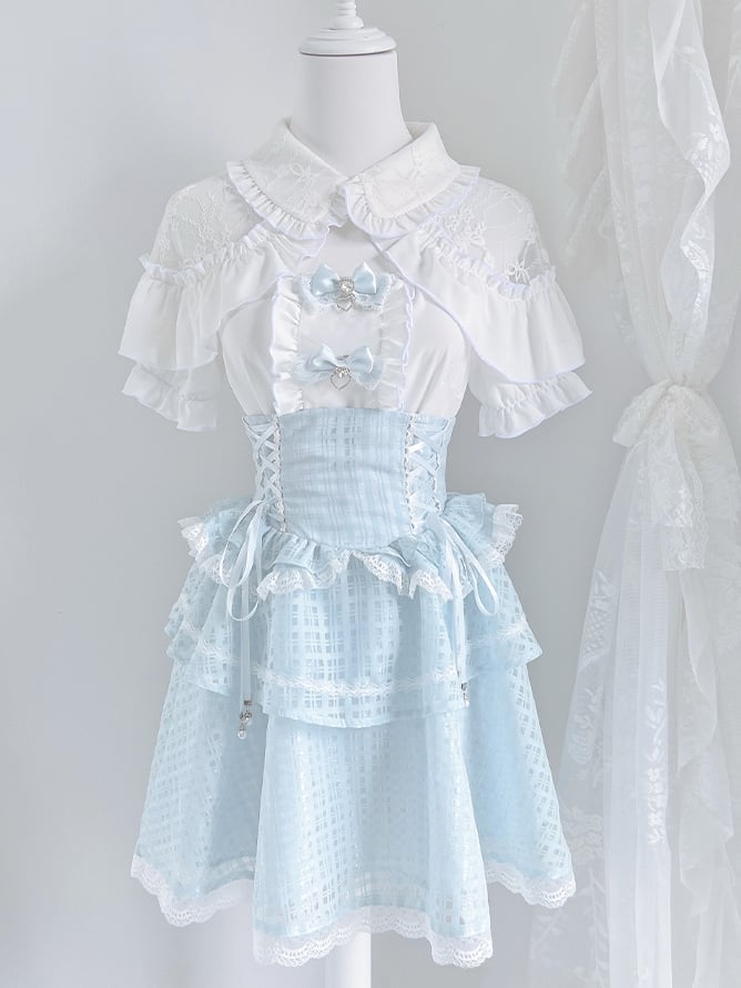 White Open Shoulder Blouse+ Light Blue Lace-up Waist Tiered Skirt+ Bowknots Jirai Kei Set