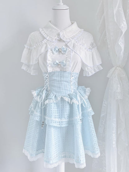 White Open Shoulder Blouse+ Light Blue Lace-up Waist Tiered Skirt+ Bowknots Jirai Kei Set