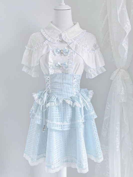 White Open Shoulder Blouse+ Light Blue Lace-up Waist Tiered Skirt+ Bowknots Jirai Kei Set