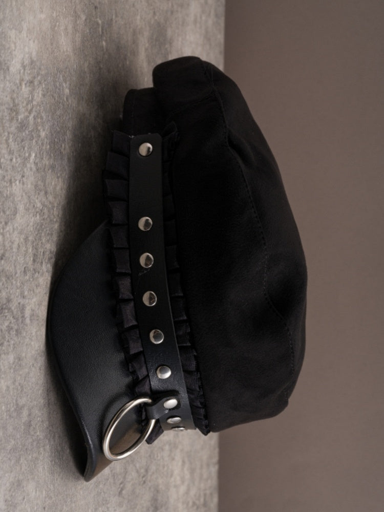 Black Gothic Studs Details Ruffled Trim Beret Hat