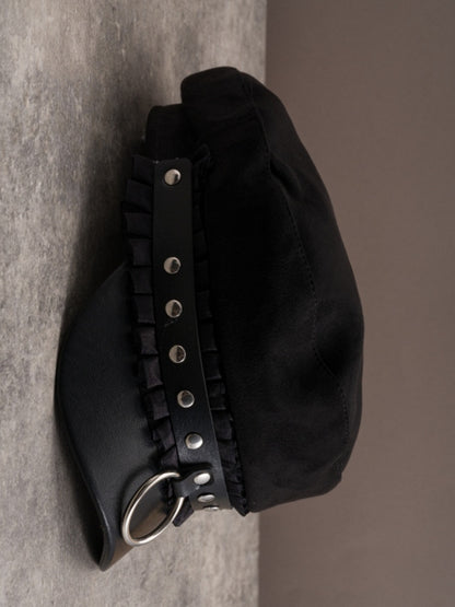 Black Gothic Studs Details Ruffled Trim Beret Hat