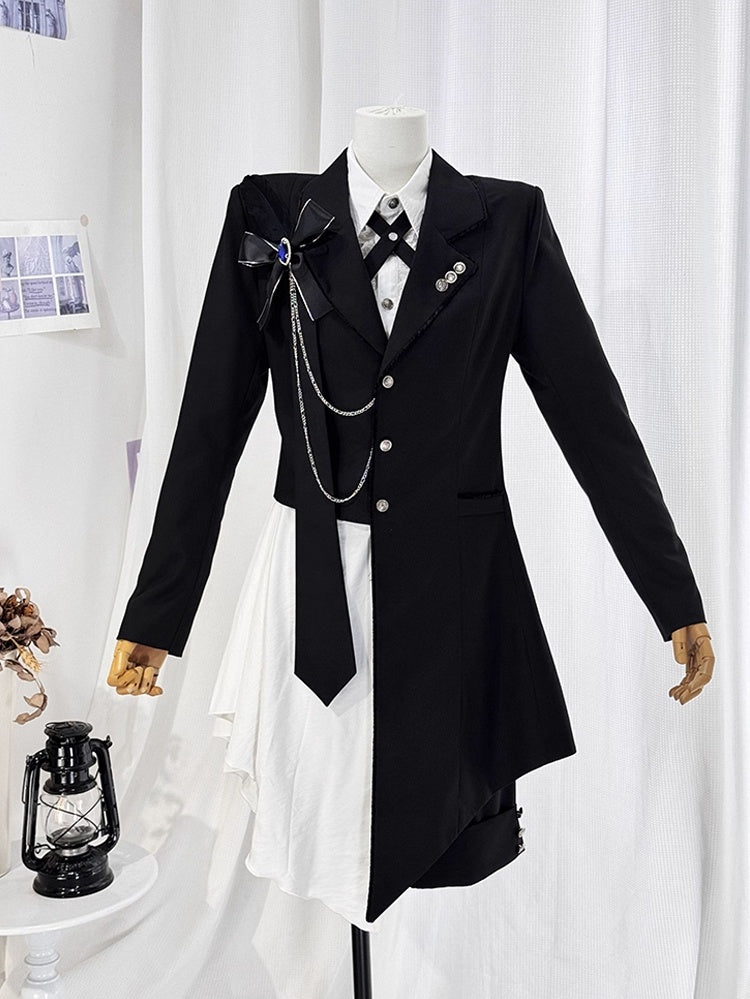 Ouji Lolita White and Black Eight-Piece Set - Asymmetrical Design Coat + Shirt + Shorts + Matching Accessories