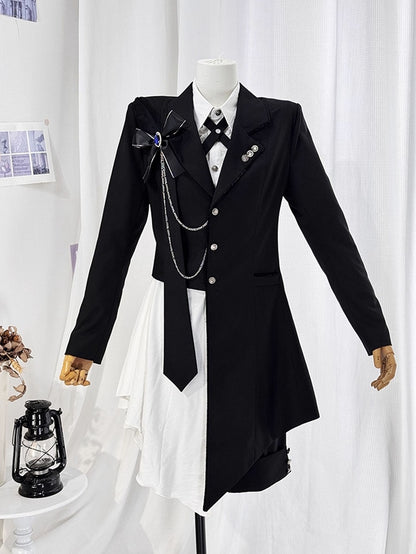 Ouji Lolita White and Black Eight-Piece Set - Asymmetrical Design Coat + Shirt + Shorts + Matching Accessories