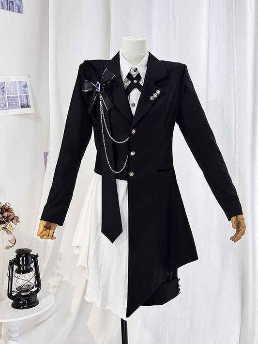 Ouji Lolita White and Black Eight-Piece Set - Asymmetrical Design Coat + Shirt + Shorts + Matching Accessories