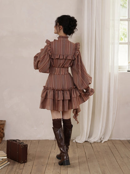 Reddish Brown Vintage Striped Pattern Tiered Ruffle Trim High Waist Skirt