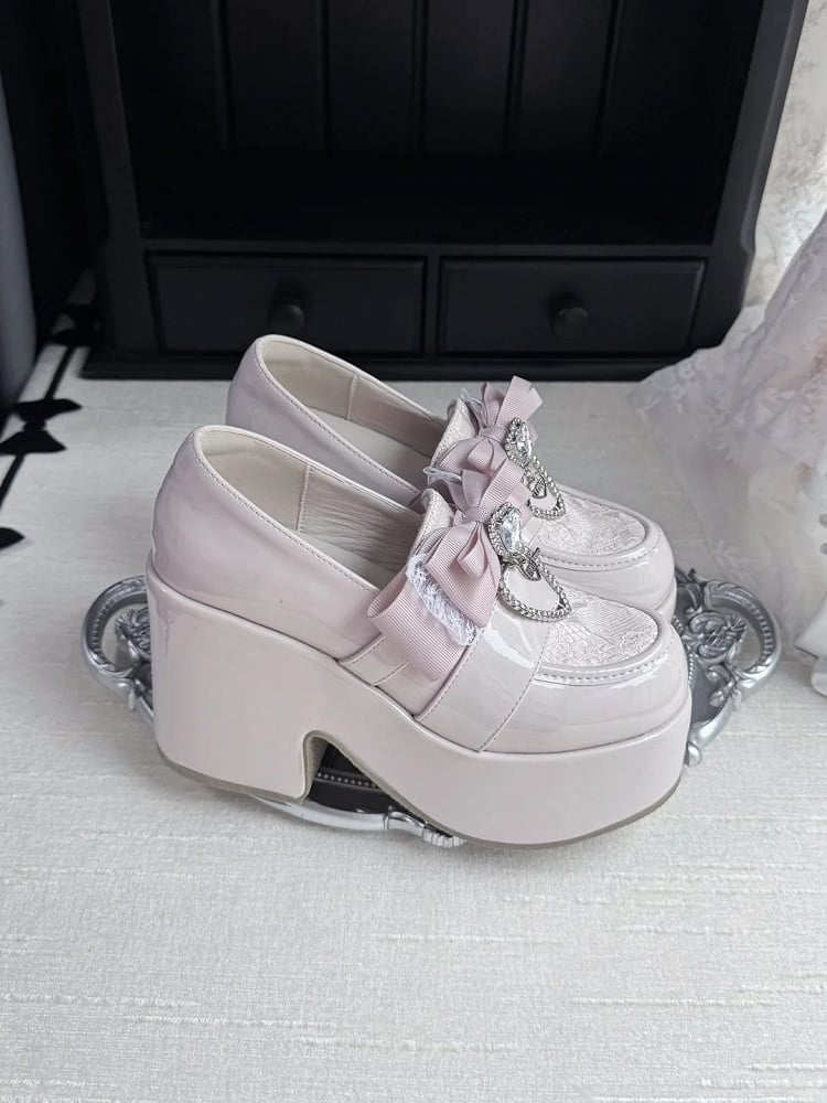 Jirai Kei Dusty Pink Platform Shoes: 9.5cm Block Heel with Top Bow & Heart Rhinestone