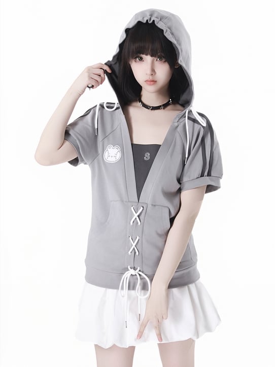 Grey Lace-up Detail Hooded T-Shirt Faux Two-pieces
