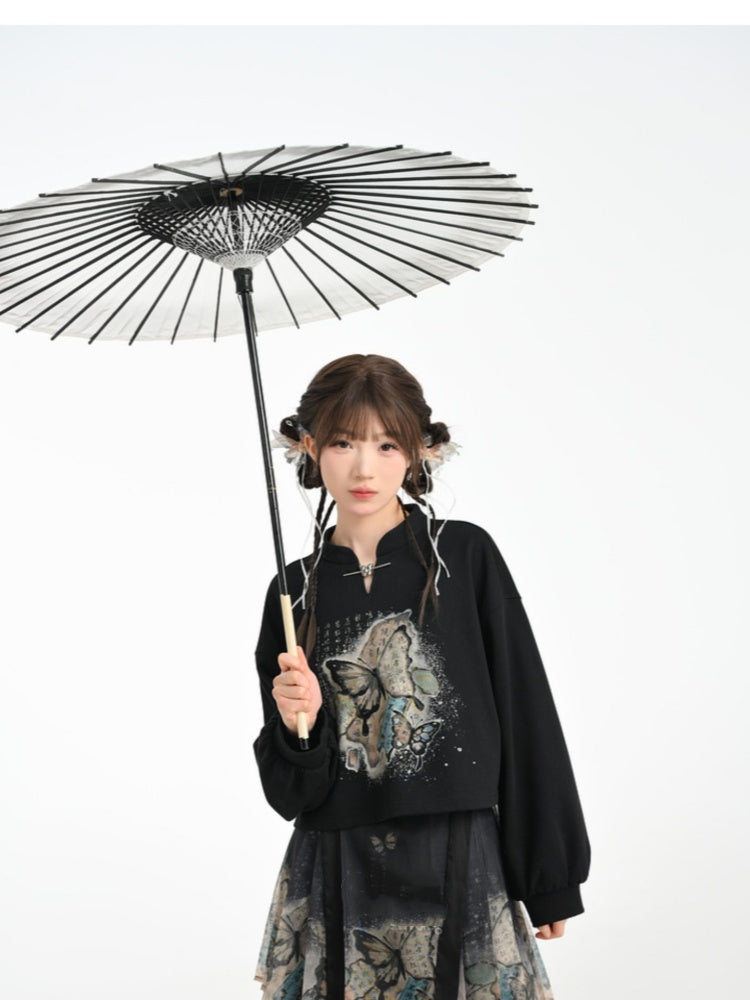 Cheongsam Style Butterfly Print Black/Apricot Banded Collar Sweatshirt
