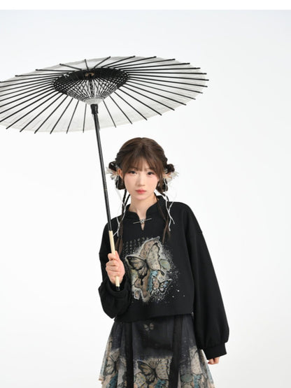 Cheongsam Style Butterfly Print Black/Apricot Banded Collar Sweatshirt