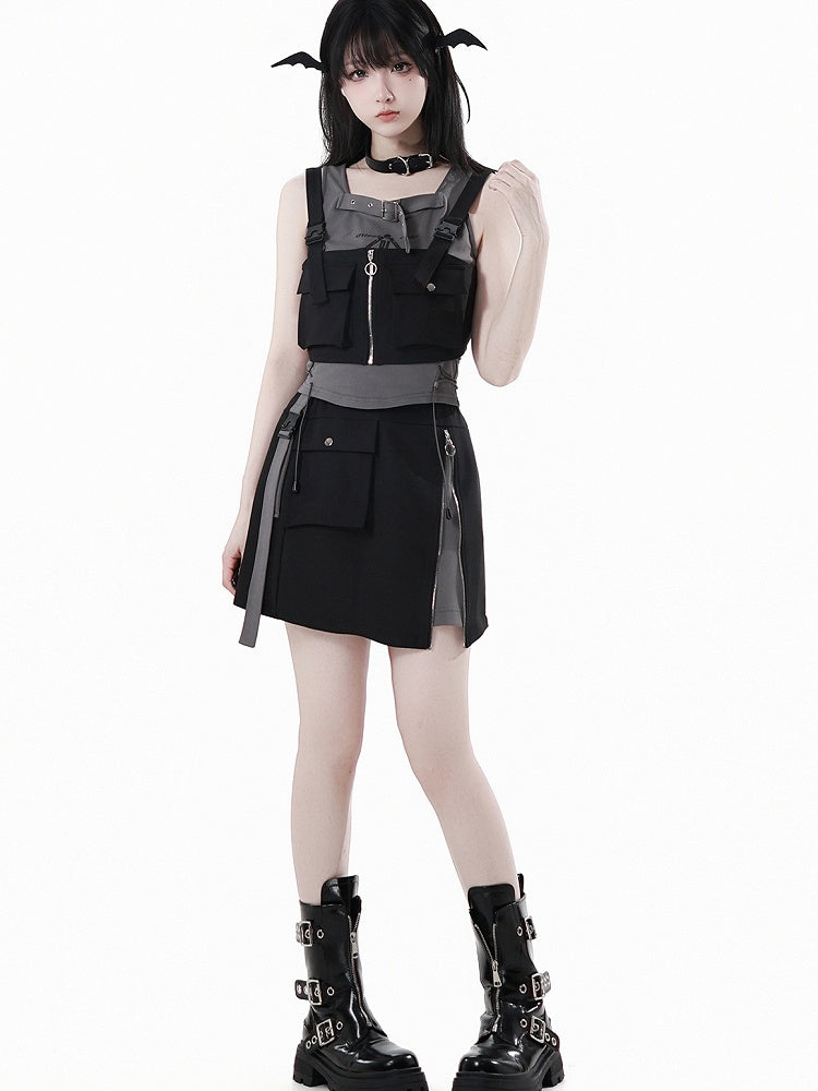 Black and Gray Snap and Zipper Detail Techwear Skirt