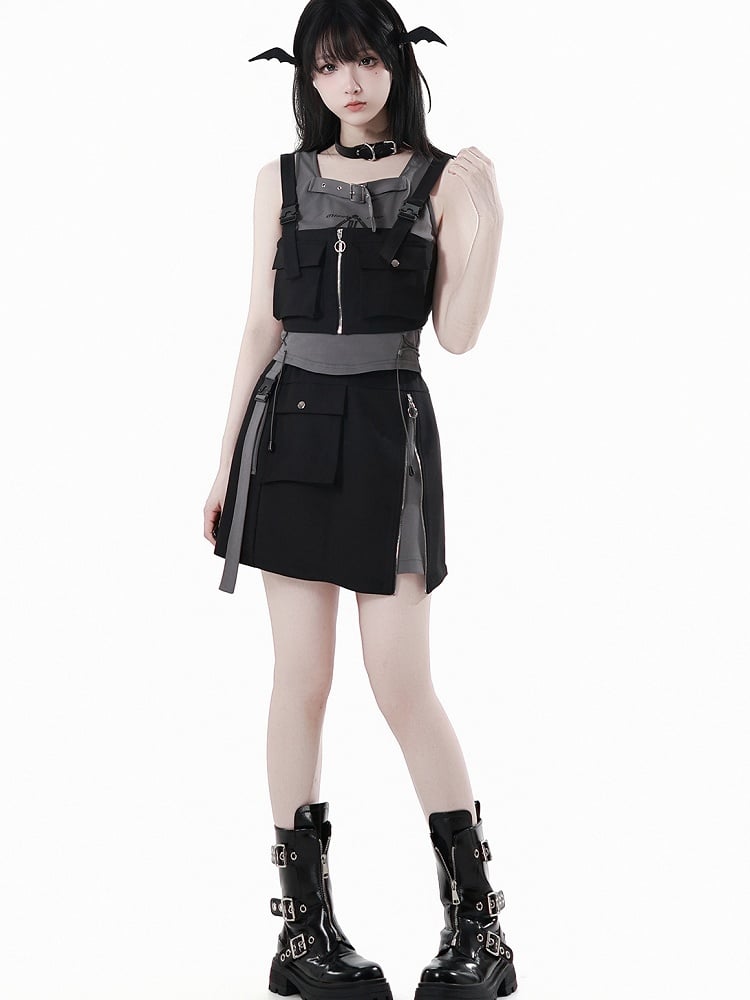 Buckle Strap Neckline Lace-up Side Gray Techwear Tank Top