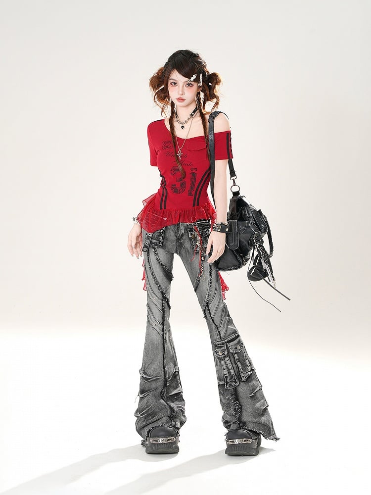 Black Faded Wash Cargo Pockets Raw Hem Distressed Flared Jeans