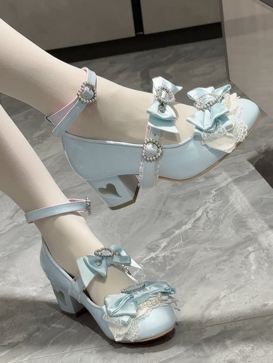 Blue Bow at Top Heart Cut-out Heels Mary Janes
