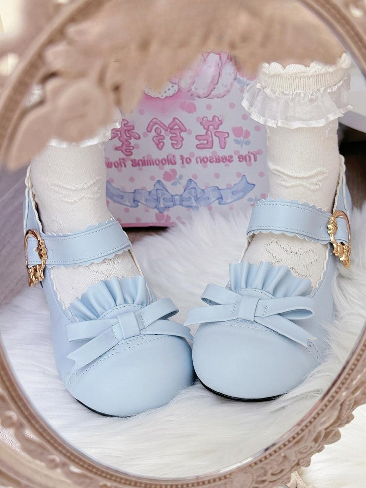 Mid-heel Blue Mary Janes in PU - Bow Accent, Ruffles Edging & Scalloped Buckle
