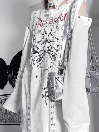 White Emo Punk Cutout Shoulder Skeleton And Letter Print Long Sleeves Top