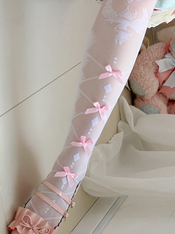 11 Options White/Black Sweet Lolita Overknee Stockings With Black/White/Pink/Blue/Red Bowknot Details