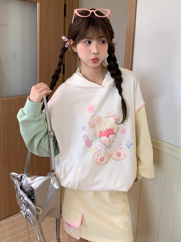 Green and Yellow Colorblock Design Teddy Bear Print Drawstring Hem Autumn Hoodie