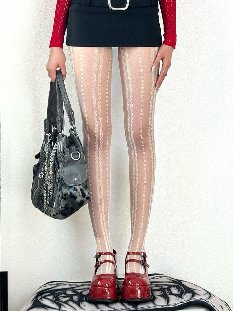 Black/White Y2K Floral Striped Tights