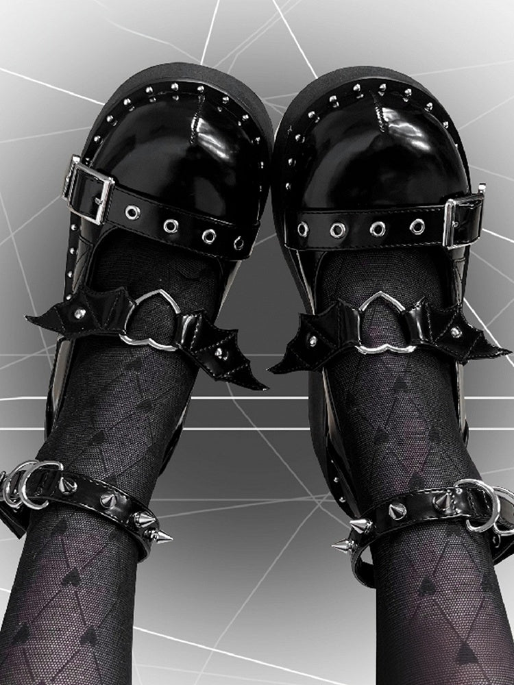 Devil Wings Design Black Stud Detail Buckle Ankle Strap Platform Mary Janes