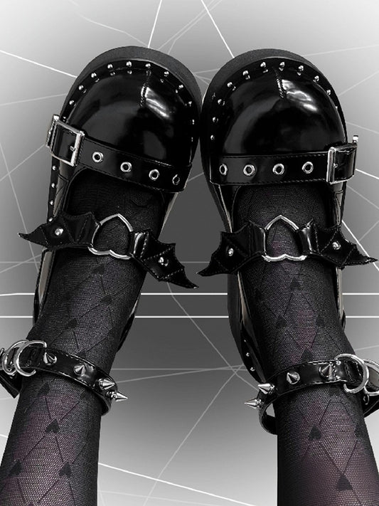 Devil Wings Design Black Stud Detail Buckle Ankle Strap Platform Mary Janes