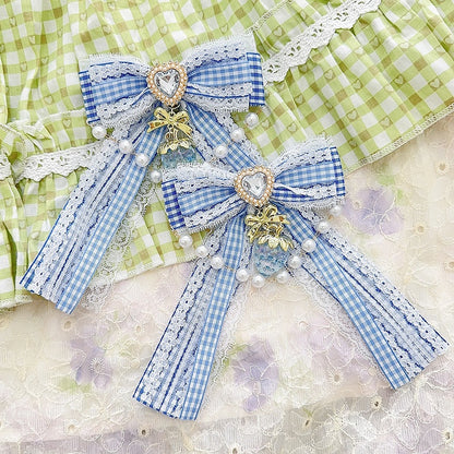 4 Color Options Plaid Pattern Strawberry And Beaded Charm Rhinestone Heart Decorated Hairclips