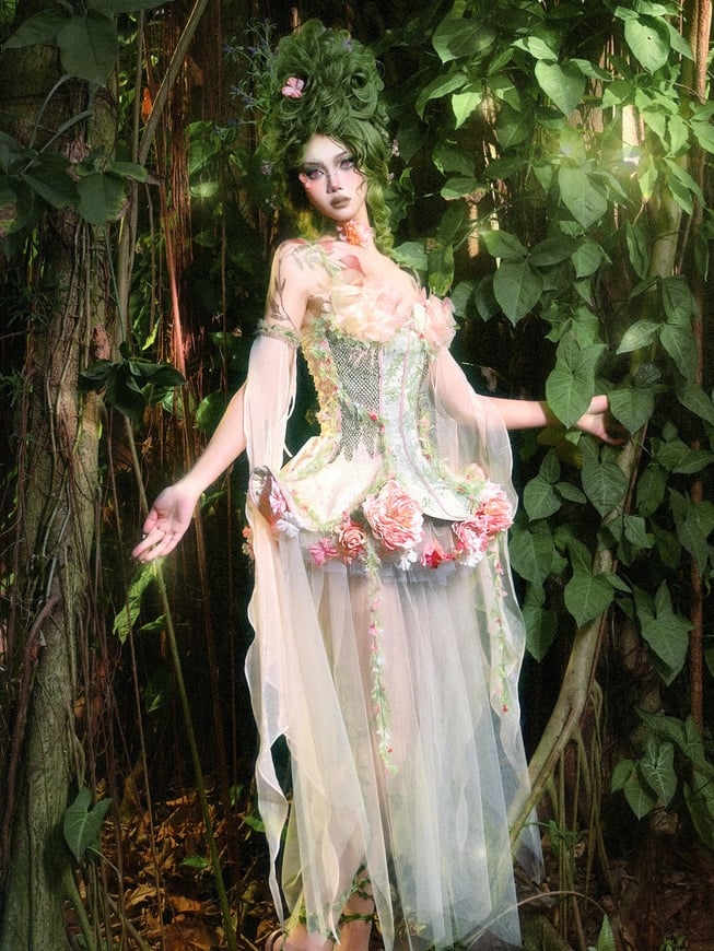 Forest Fairy Goth Pink and Green Boned Corset + Tulle Overlay + Floral Petticoat + Sleeves