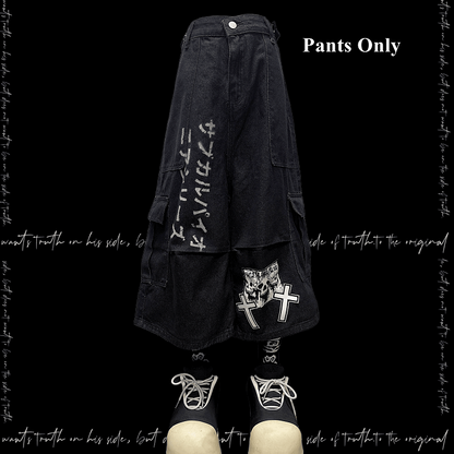 Dark Blue Skeleton and Cross Applique Punk Wide-Leg Cargo Jeans