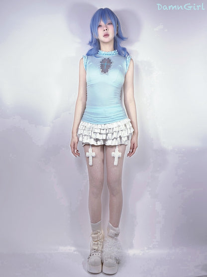 Light Blue Mock Neck Coffin-Shaped Cutout Pastel Goth Sleeveless Top