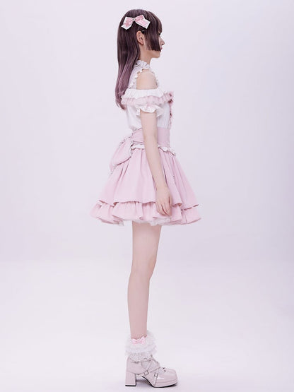 Sweet Pink Jirai Kei High Waist Layered Skirt Smocked Elastic and Self-tie Bow Back