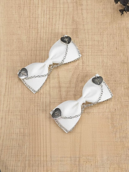 Black/Dusty Pink/White Gothic Cross Hearts Jirai Kei Bowknot Hairclips with Chains