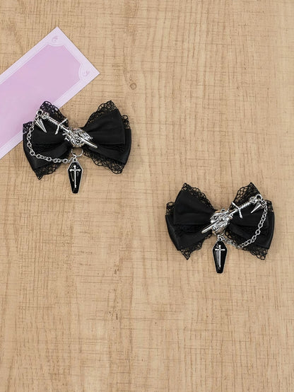 5 Colors Coffin Charm Gothic Cross Jirai Kei Bowknot Hairclips with Chain