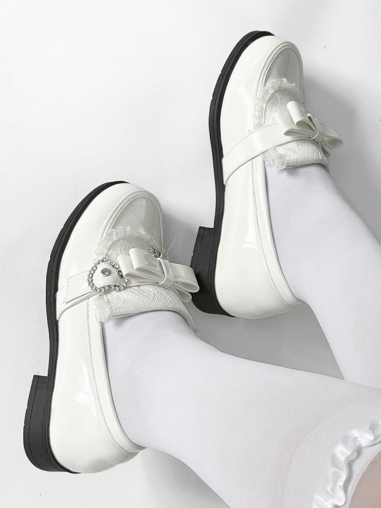 Rhinestone Heart Details & Bow Accent PU Polished White Low-heel Loafers in Jirai Kei