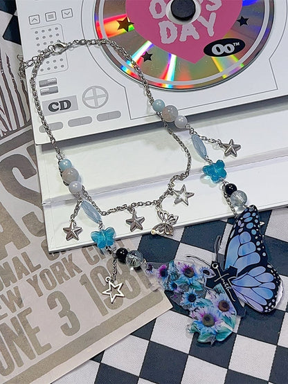 Blue Y2K Cross Decorated Butterfly Pendant Necklace