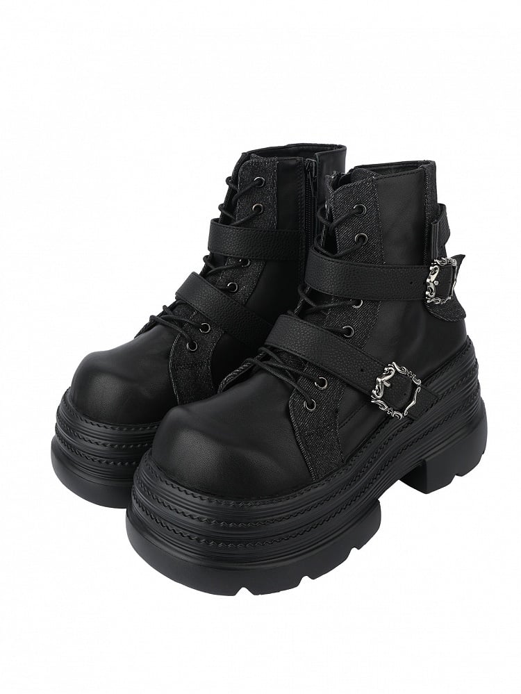 Punk Rock Black Platform Ankle Boots with Inner Zipper, Buckle Straps & Lace-Up Design