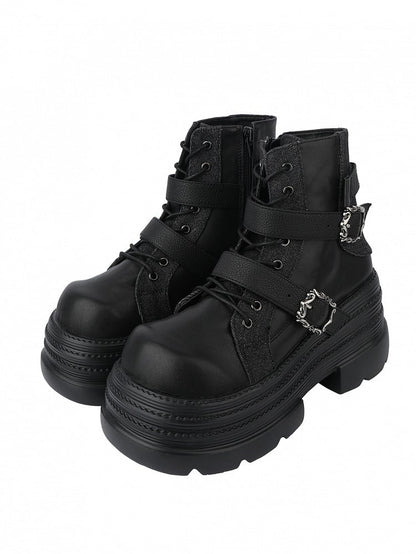 Punk Rock Black Platform Ankle Boots with Inner Zipper, Buckle Straps & Lace-Up Design
