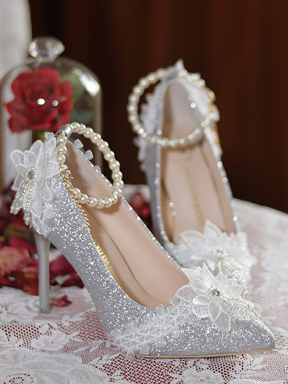 Silver Glittering Floral Detachable Beaded Chain 7CM/9CM Hime Lolita High Heels