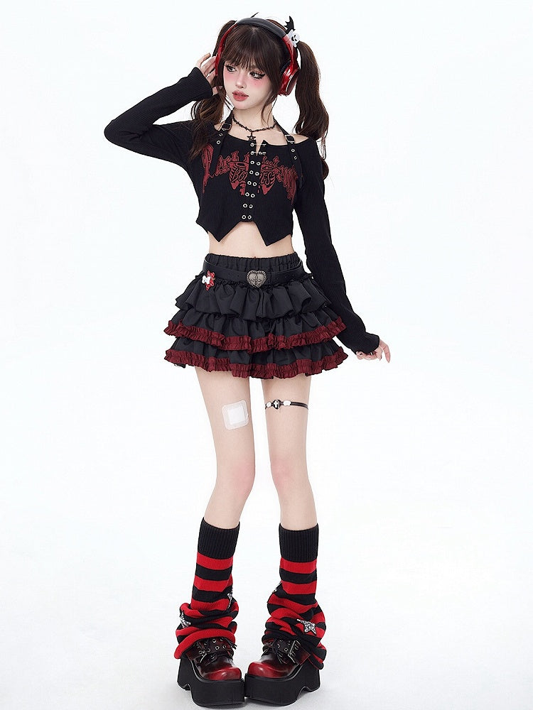 Ruffle Hem Black Punk Tiered Skirt with Free Waist Belt