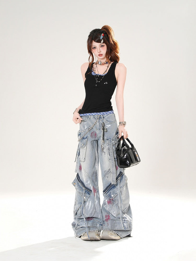 Black and Blue Plaid Faux Two-pieces Slim-fitting Tank Top