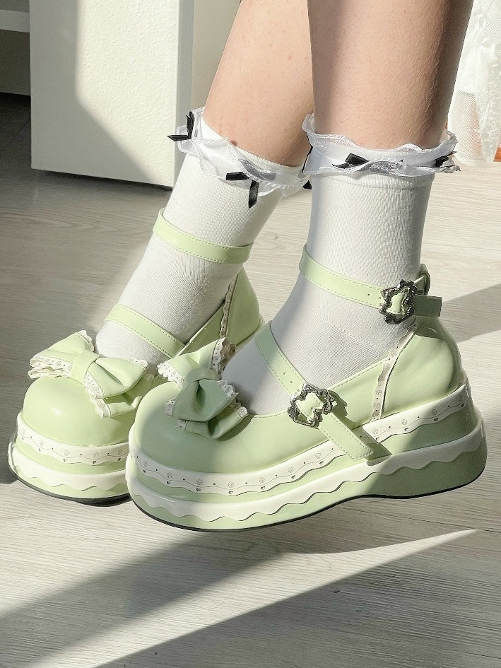 Lolita Cute Light Green Bowknot Cake Pattern Buckle Straps Platform Shoes