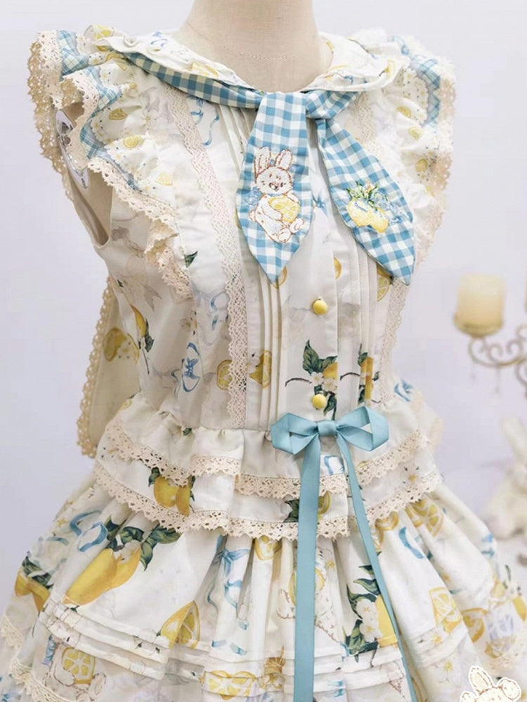 Blue & Yellow Country Lolita Bunny Ear Hooded Top + Print Ruffled Skirt + Embroidered Triangular Headscarf Set