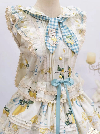 Blue & Yellow Country Lolita Bunny Ear Hooded Top + Print Ruffled Skirt + Embroidered Triangular Headscarf Set