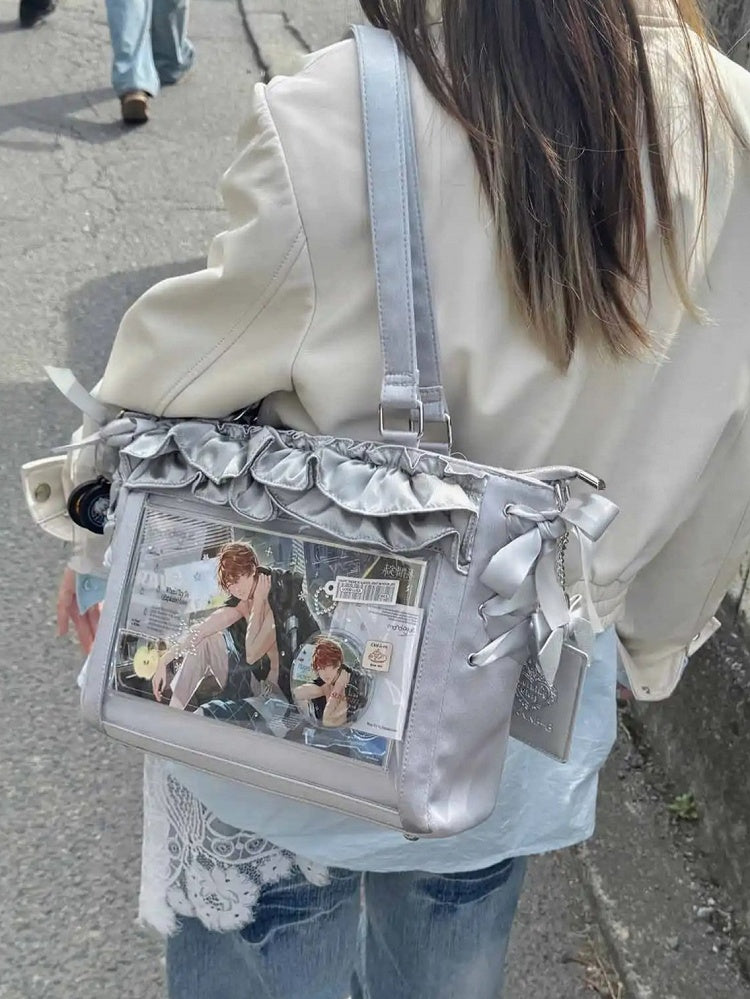 Silver Satin Ruffle Trims Self-tie Straps Ita Bag With Bow Card Holder