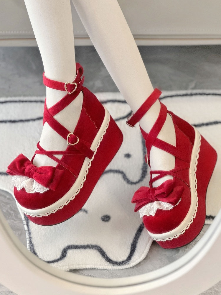 Red Velvet Mary Janes for Lolita - Lace Accented Bow with Romantic Clasp & Crisscross Design
