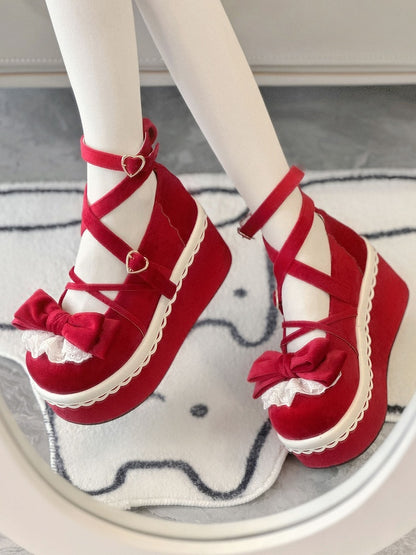 Red Velvet Mary Janes for Lolita - Lace Accented Bow with Romantic Clasp & Crisscross Design