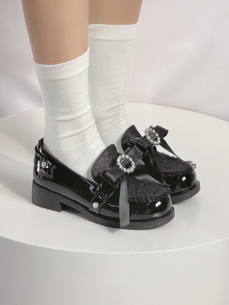 Black Bow at Top Jirai Kei Slip-in Fit Loafer Shoes